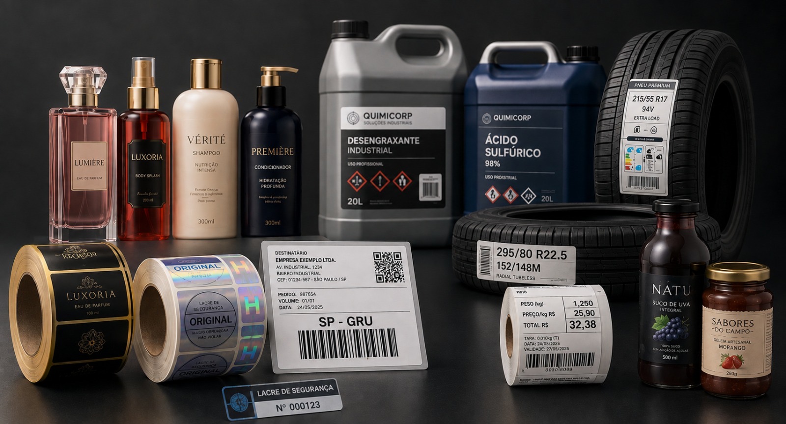 Etiquetas e rótulos Ellohub Print aplicados em produtos de cosméticos, químicos, alimentos, automotivo e logística